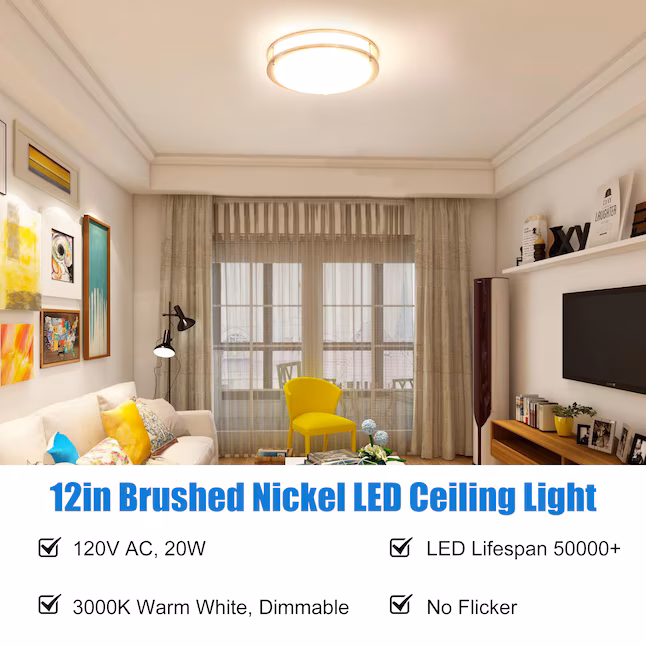 Ceiling Mount 1 -Light 12-in Brushed Nickel Integrated LED Flush Mount Light