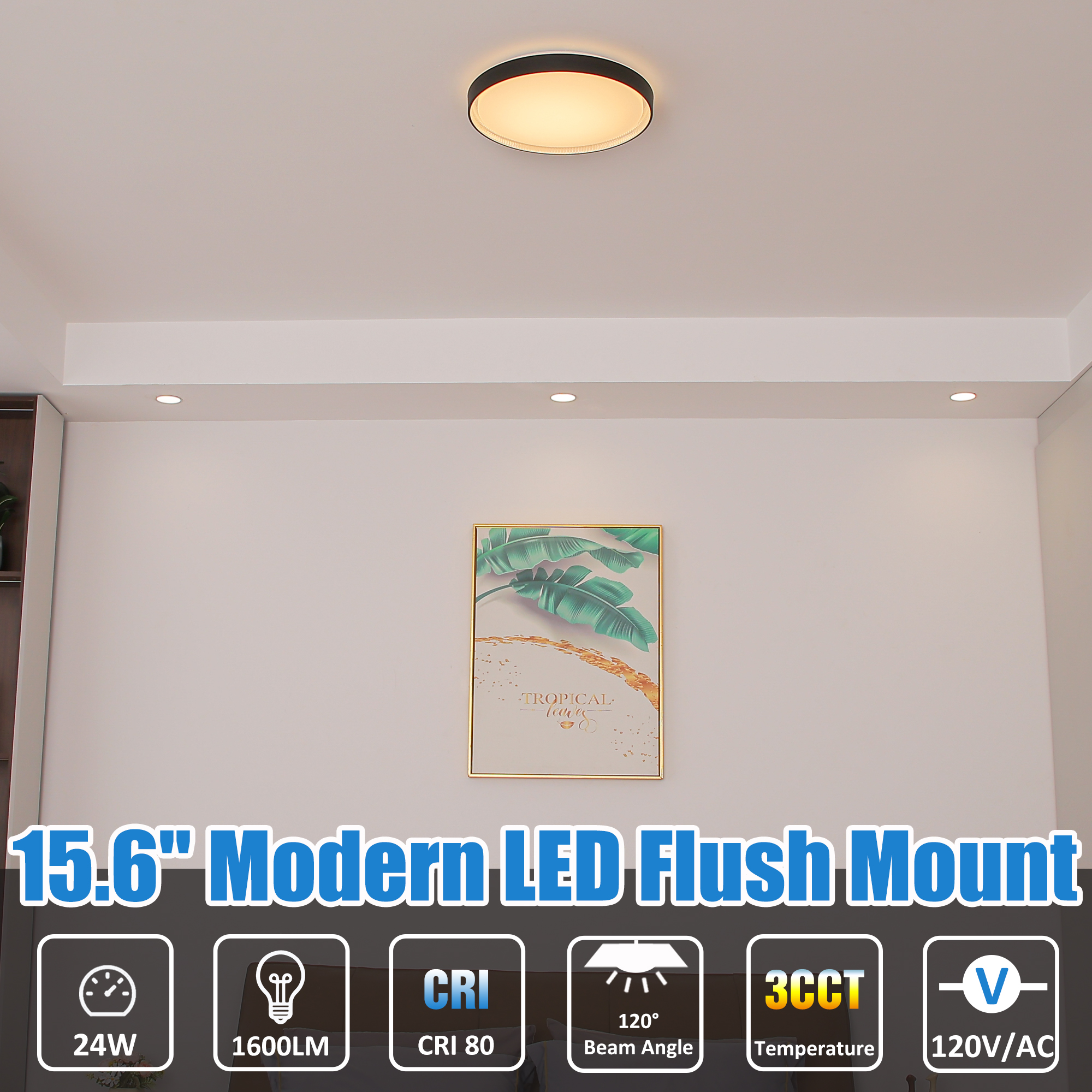 Flush Mount Light 1 -Light 15.6-in Matte Black Integrated LED Flush Mount Light