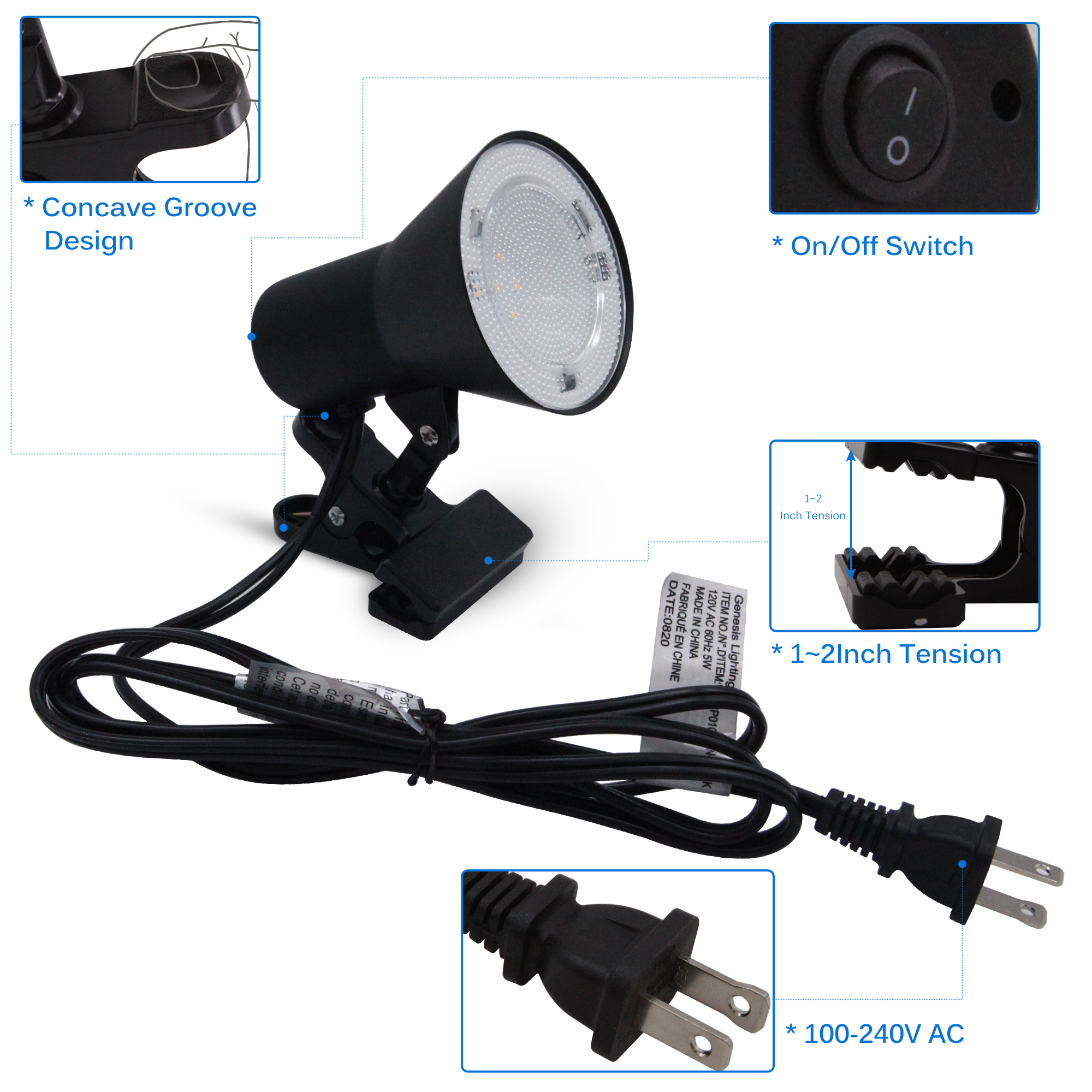 CP010405N-840BK - 5-in Adjustable Black Clip Desk Lamp with Metal Shade