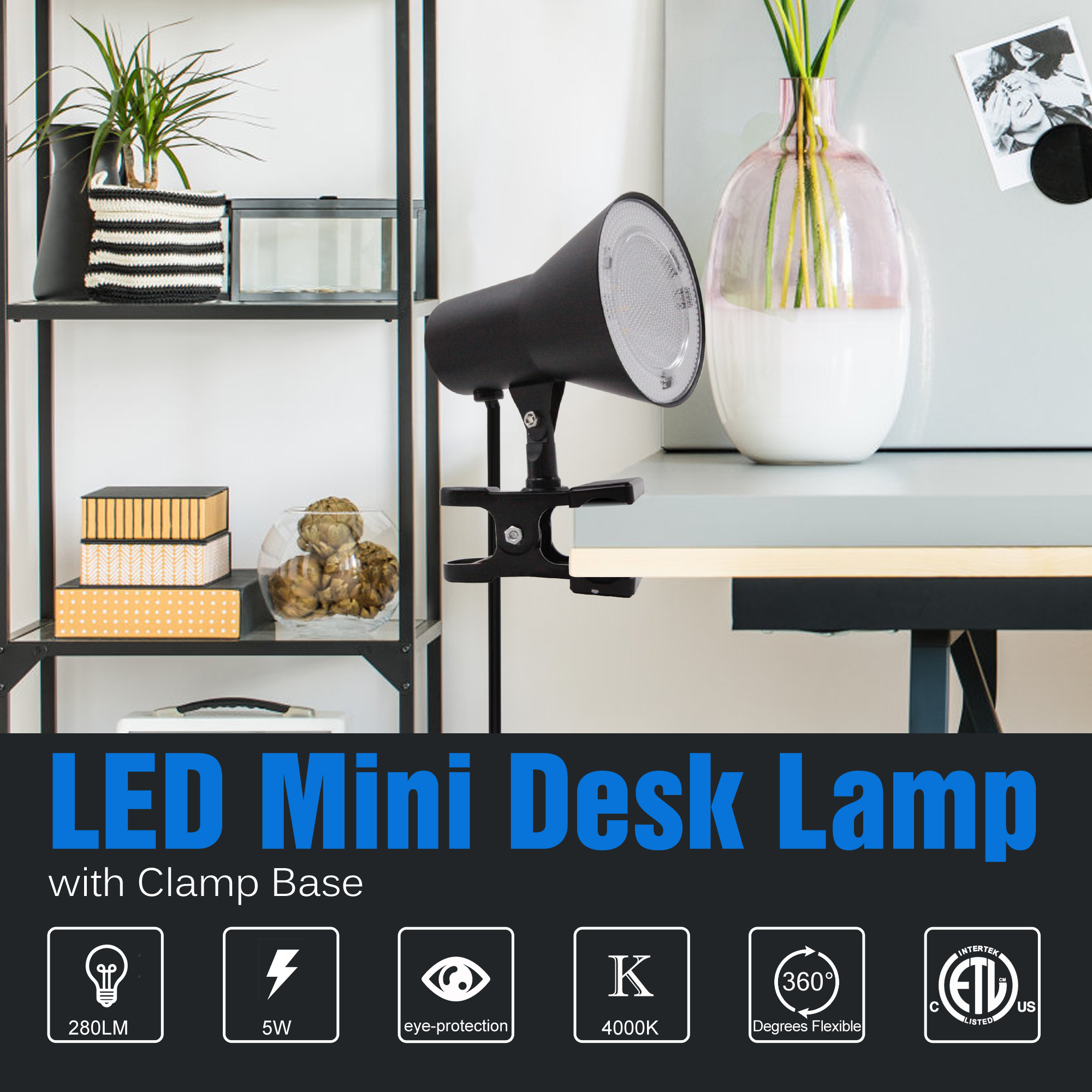 CP010405N-840BK - 5-in Adjustable Black Clip Desk Lamp with Metal Shade