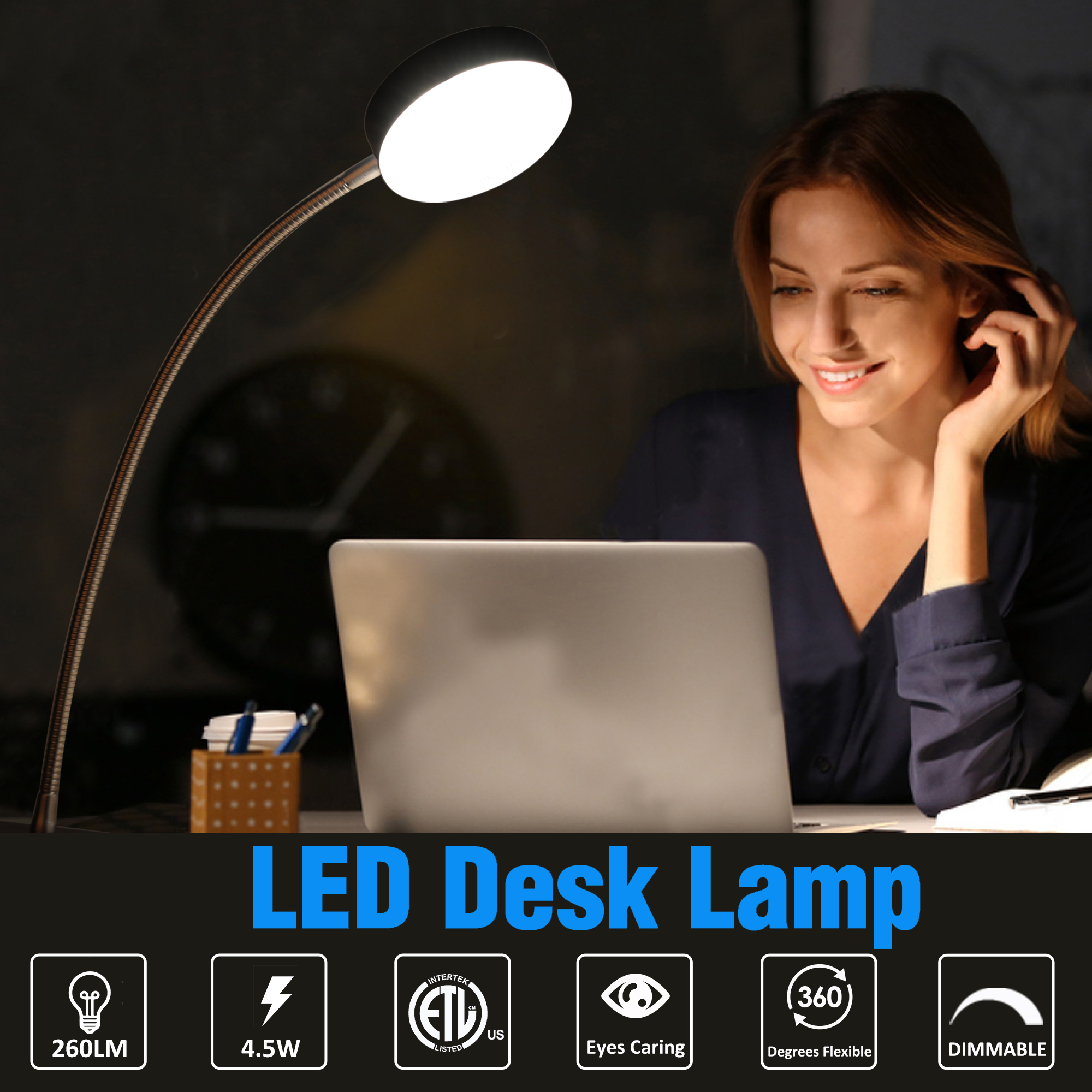 CP021305N-940BK - LED Clamp Desk Lights 19.25-in Adjustable Black Clip Desk Lamp with Metal Shade