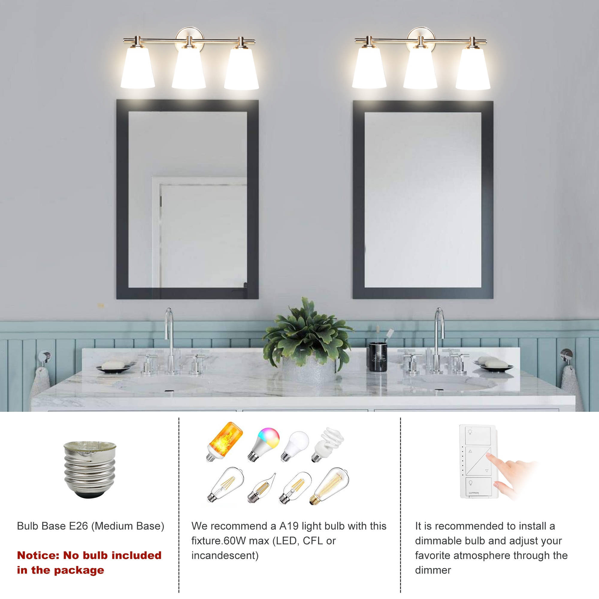 VT332000-BN - Vanity Lights For Bathroom 20.25-in 3 -Light Brushed Nickel Modern/contemporary Vanity light