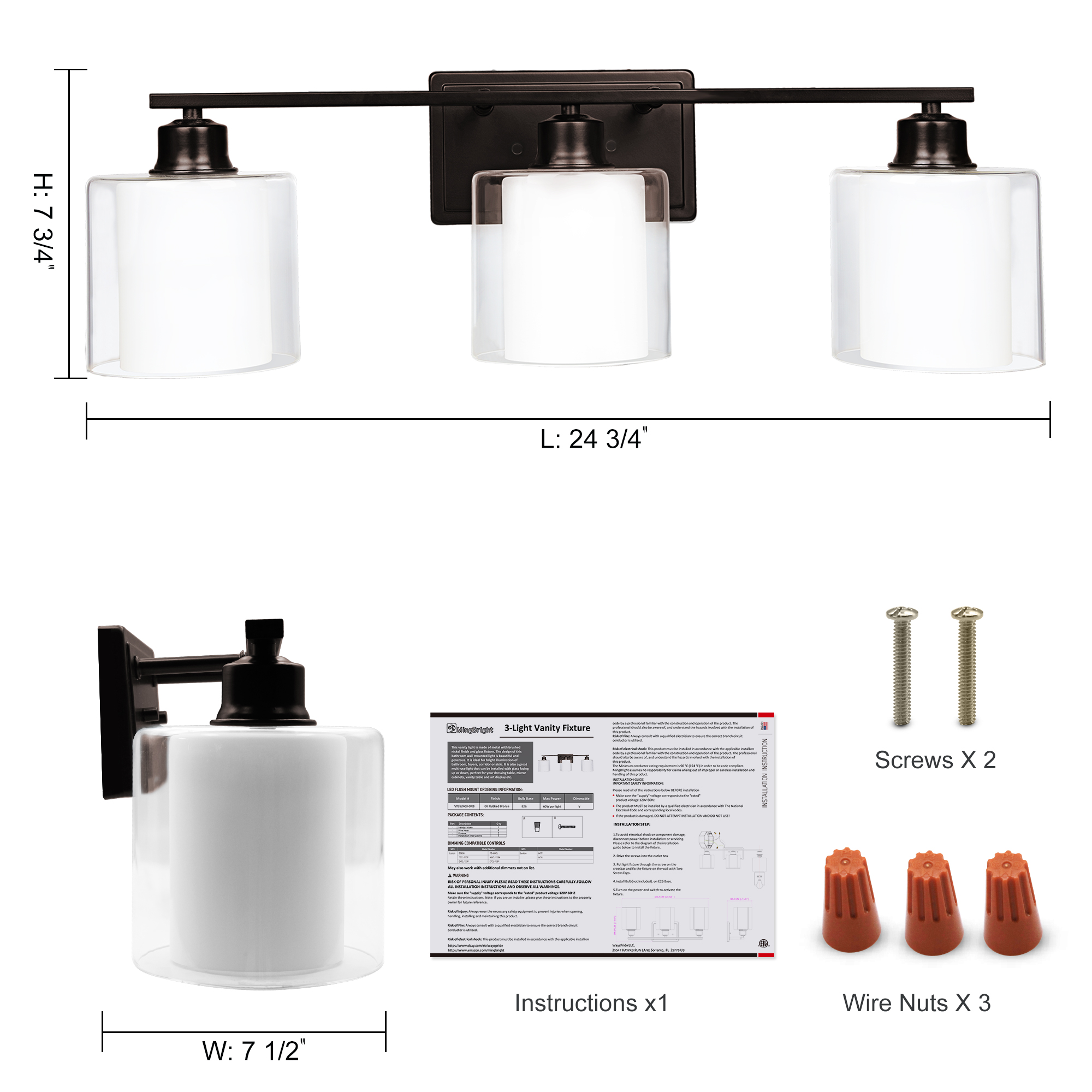 VT352400-ORB - Vanity Light 24.75-in 3 -Light Oil-rubbed Bronze Modern/contemporary Vanity light